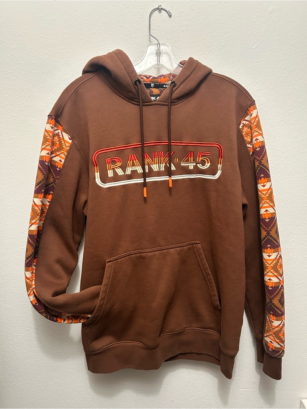 Rank 45 Hoodie Men’s Large Brown Southwest Aztec Graphic Pullover Sweatshirt